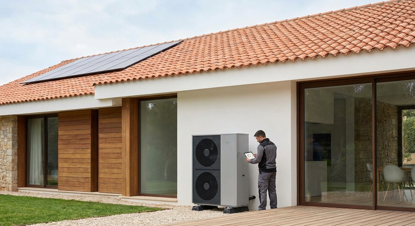 aerothermal heat pump installation outside a modern residential home