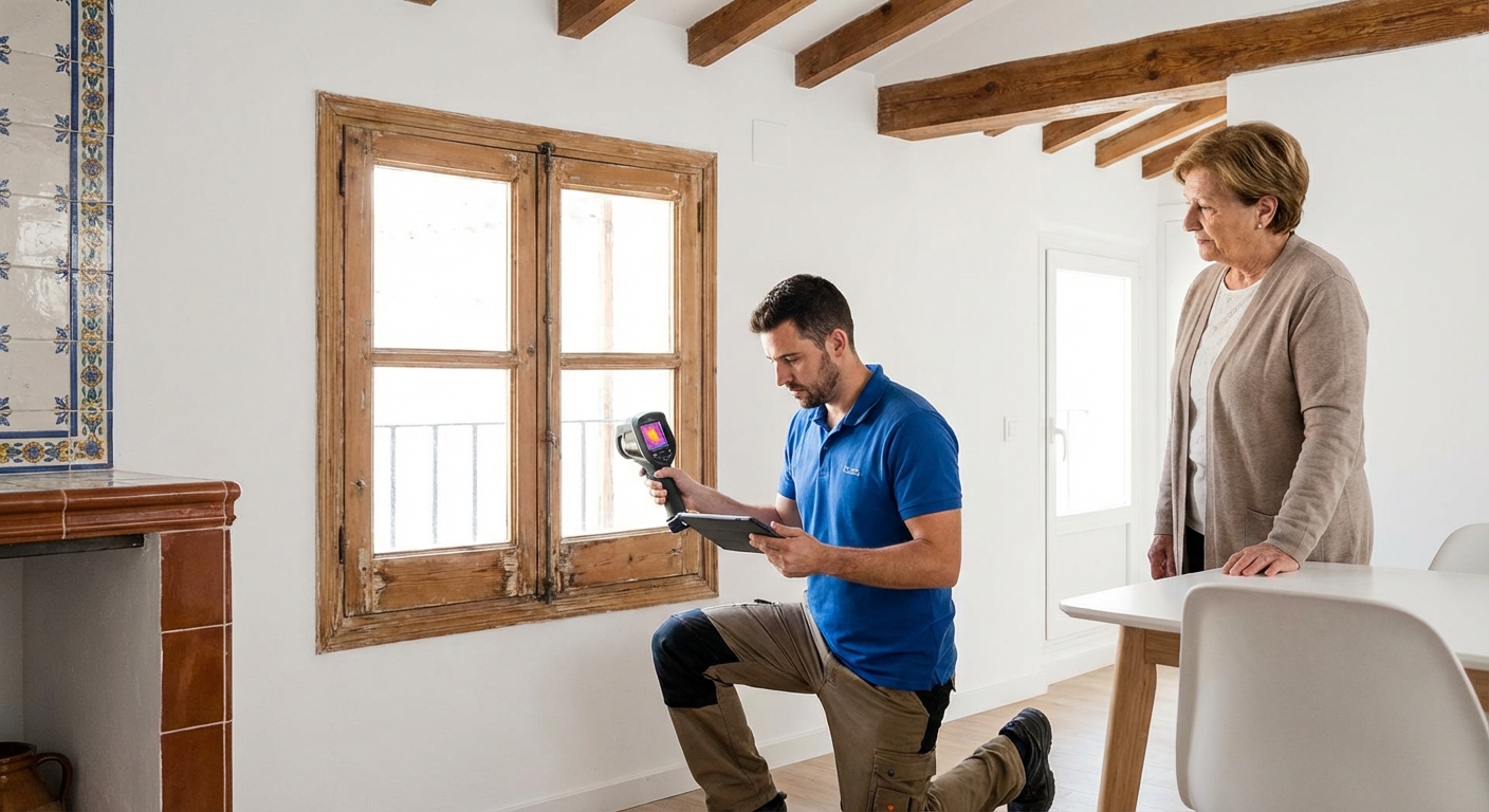 technician measuring window insulation in old apartment