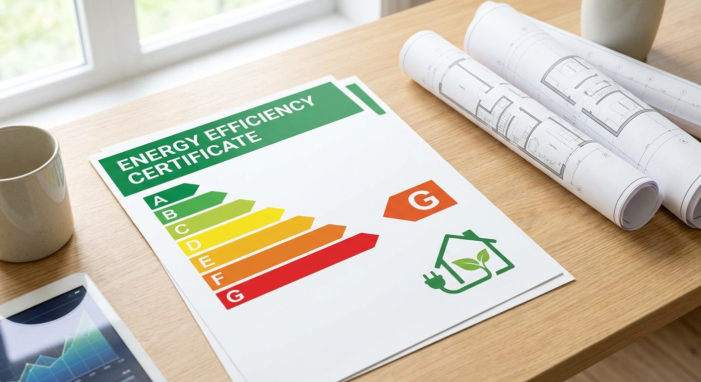 energy efficiency certificate with G rating next to building plans