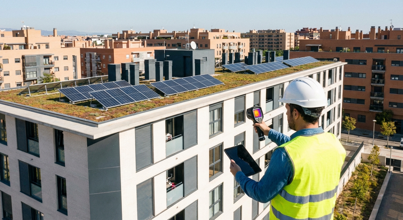 technician inspecting building facade