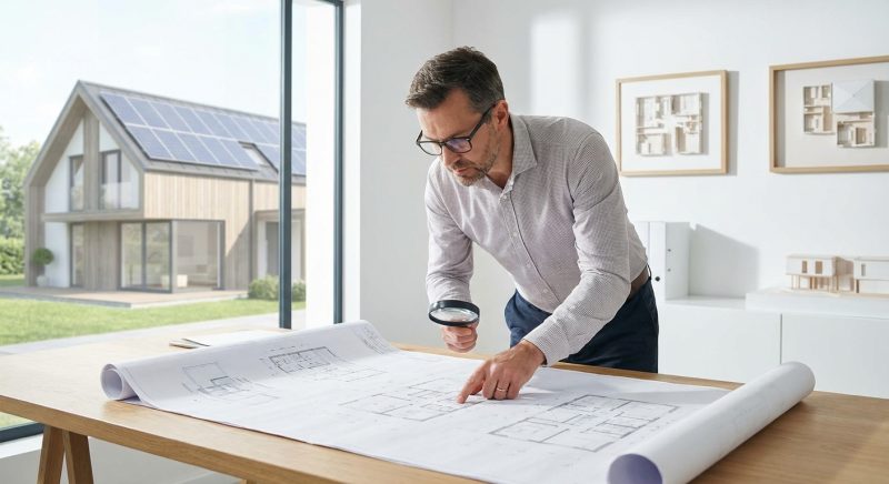 architect inspecting house blueprint