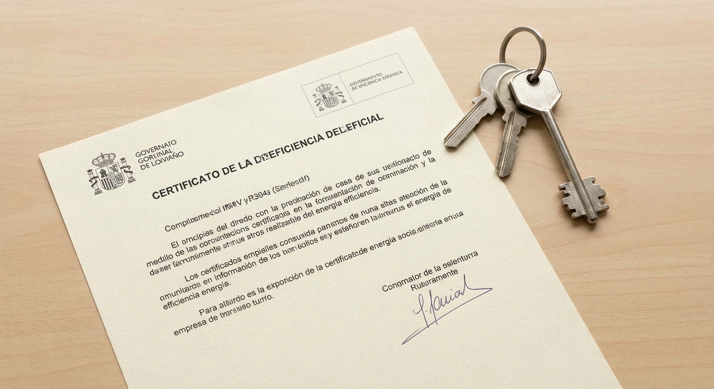 official document with stamps and signature next to house keys