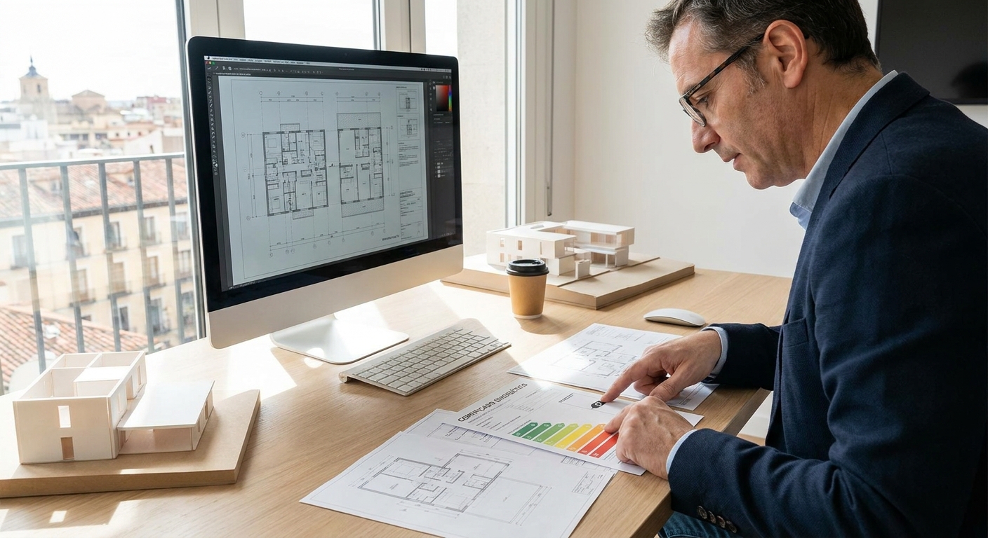 architect reviewing energy efficiency blueprints and technical documents on a modern desk