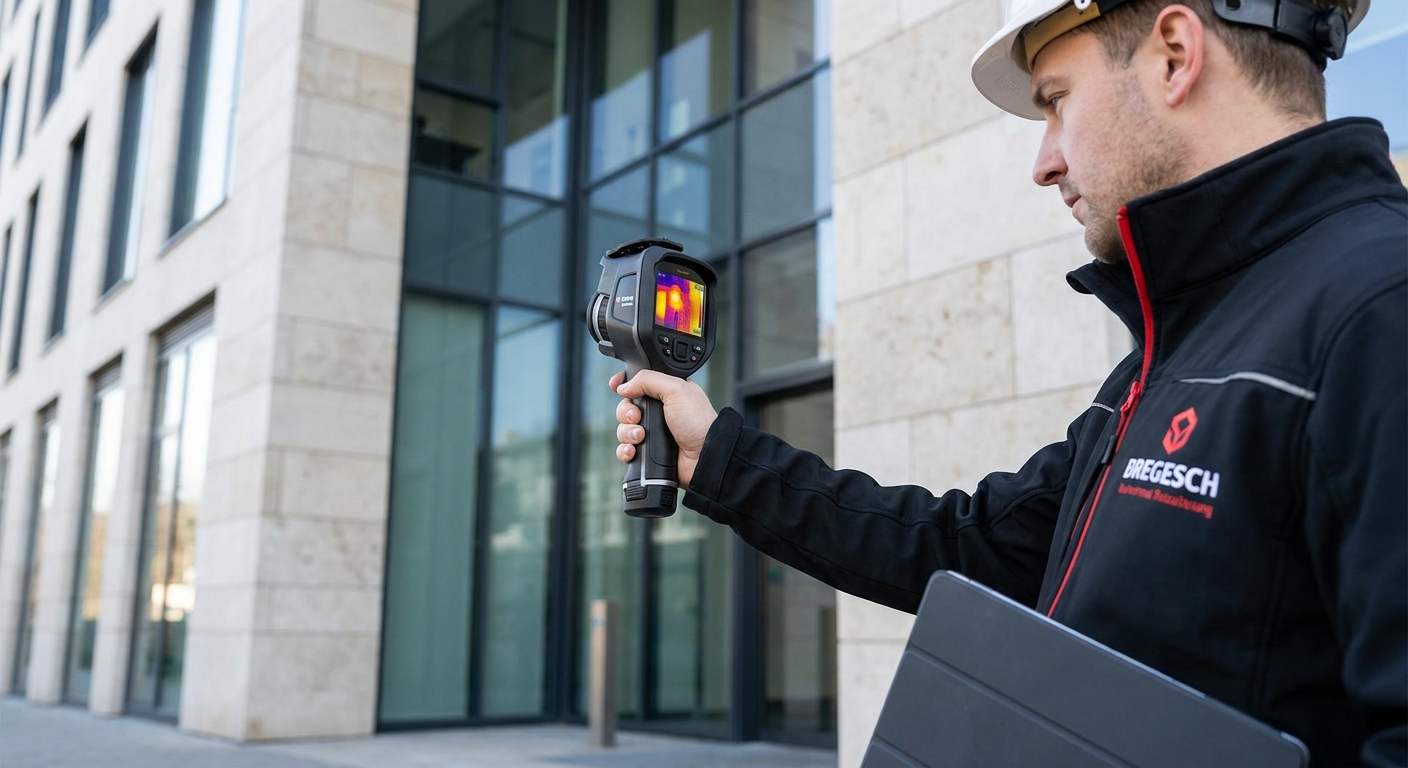 close up of a professional technician inspecting a building facade with thermal camera