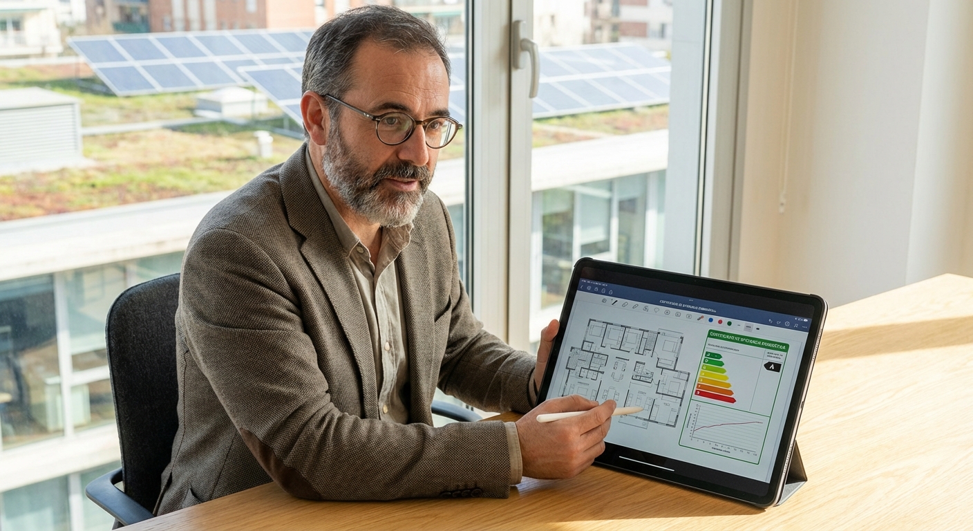 architect reviewing energy efficiency plan on tablet
