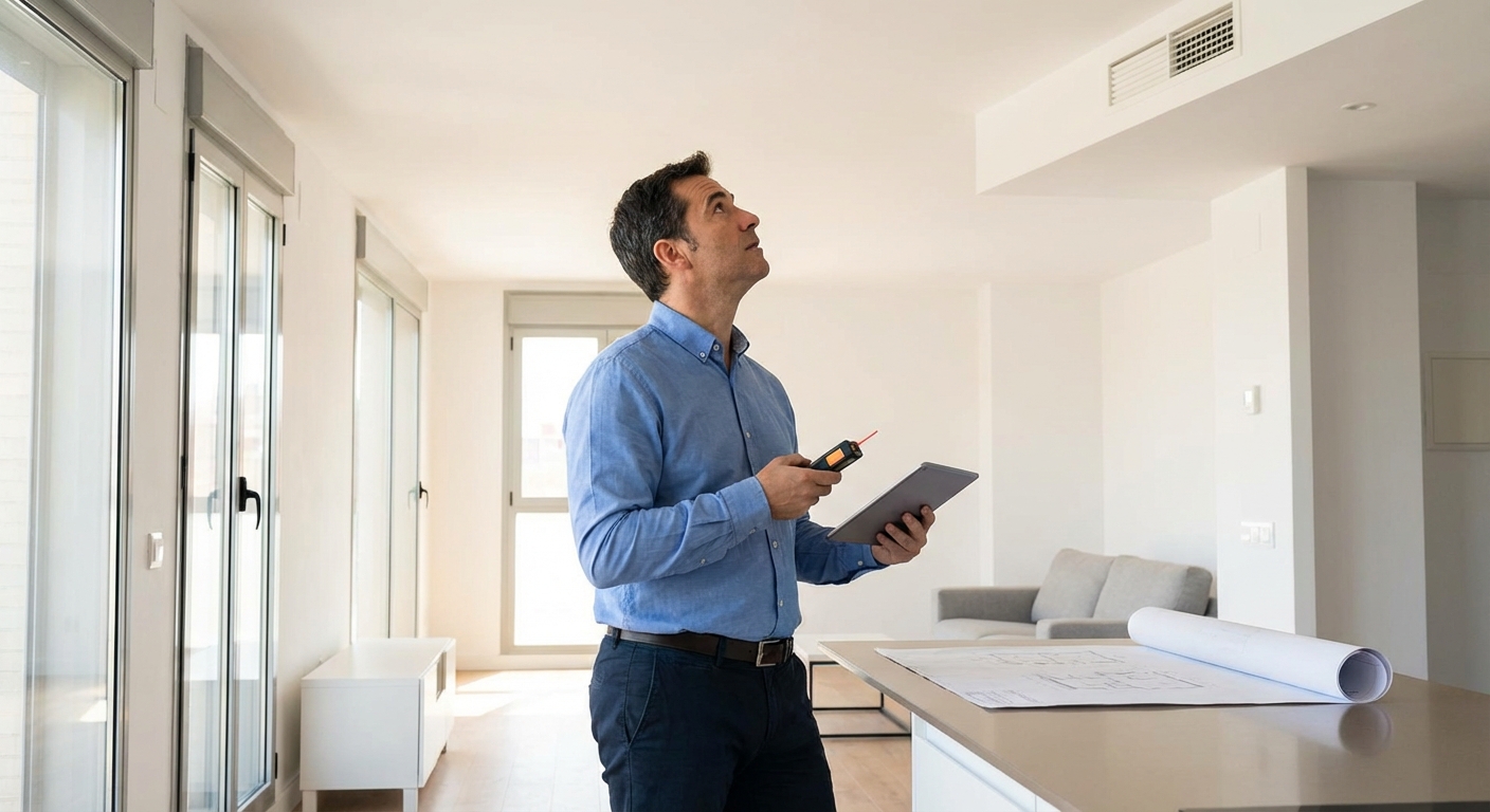 architect or technician reviewing blueprints or measuring a room