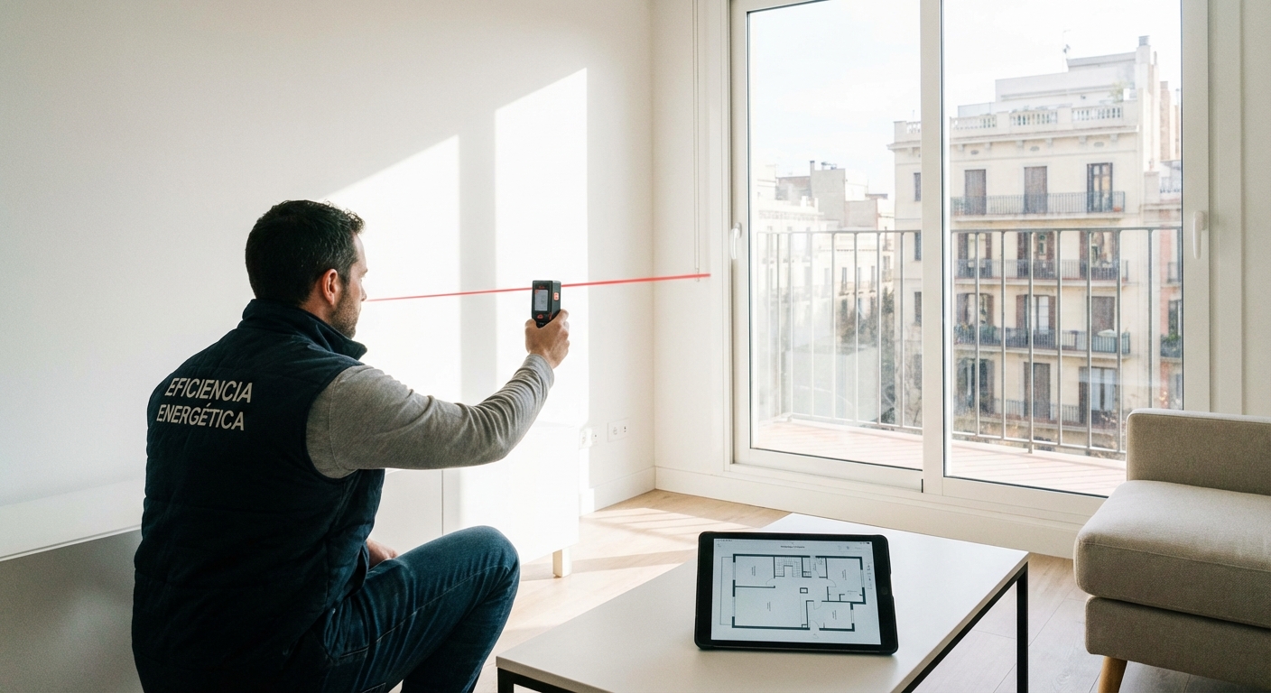 architect or technician measuring a room with a laser distance meter