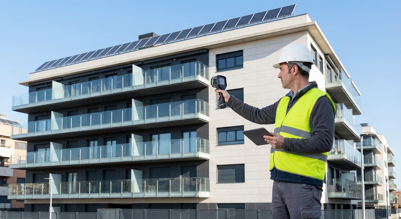 technician inspecting building facade