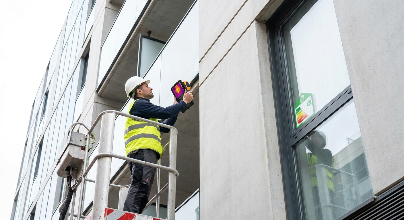 technician inspecting building facade