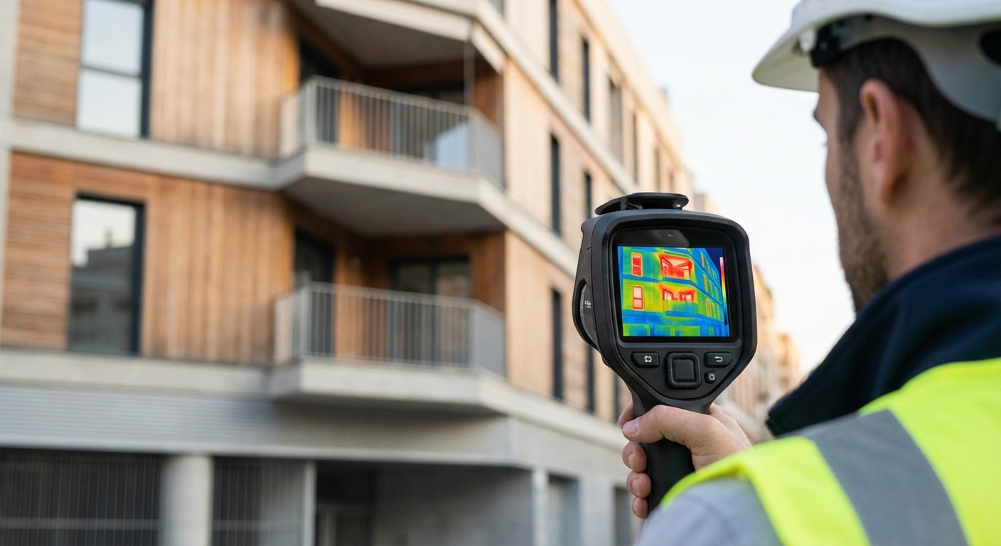 thermal imaging camera showing heat loss in a building facade