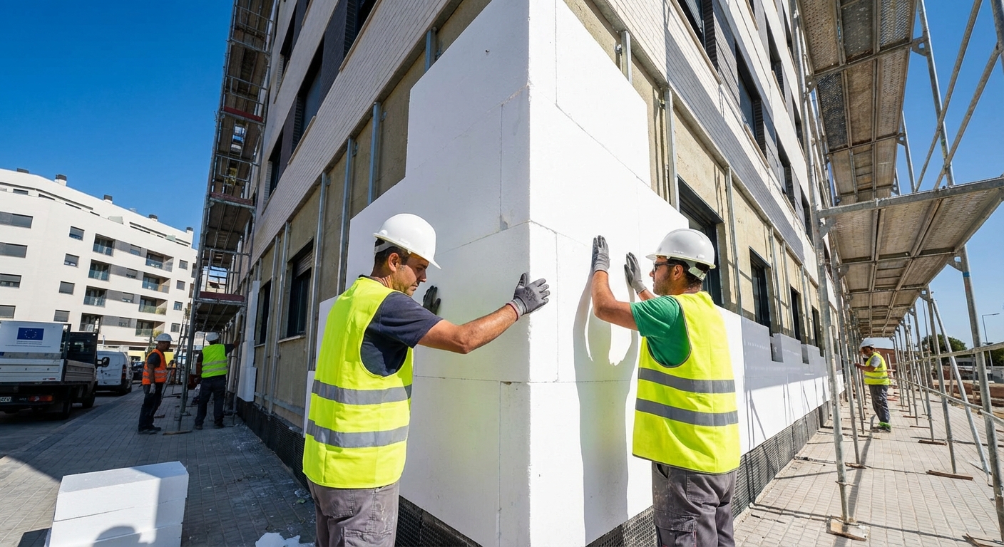 construction workers installing external wall insulation SATE system