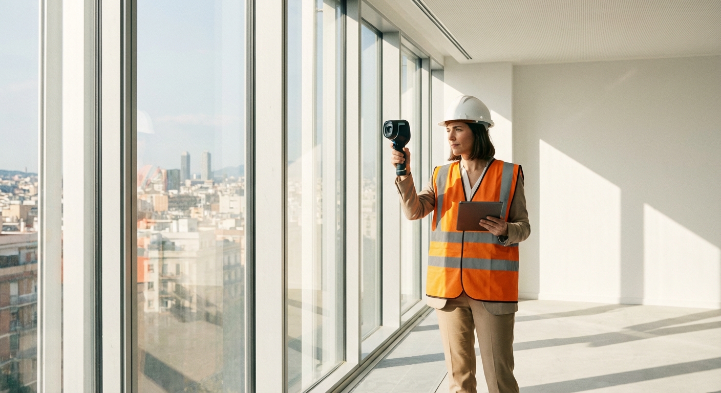 architect or engineer inspecting building windows for energy efficiency
