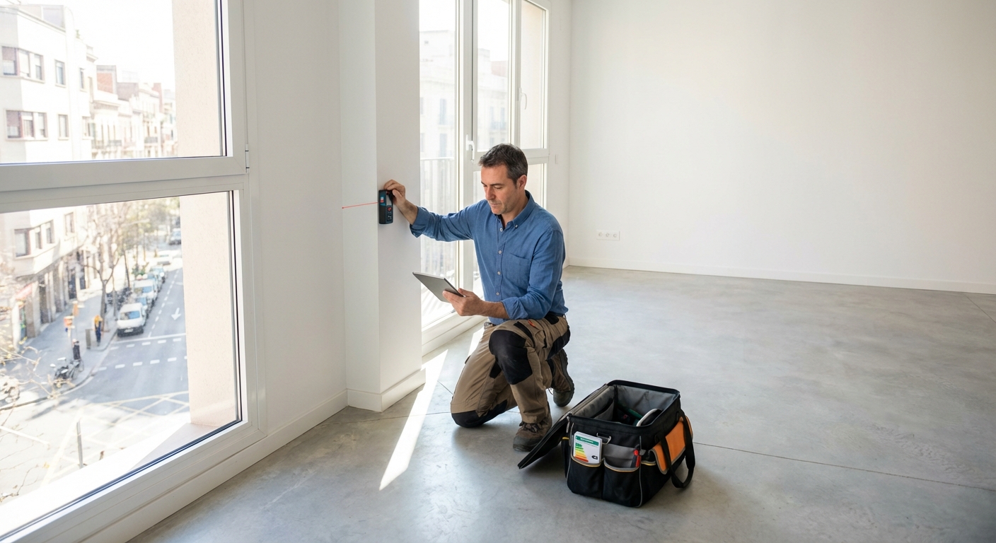 architect taking measurements in an empty apartment during an inspection