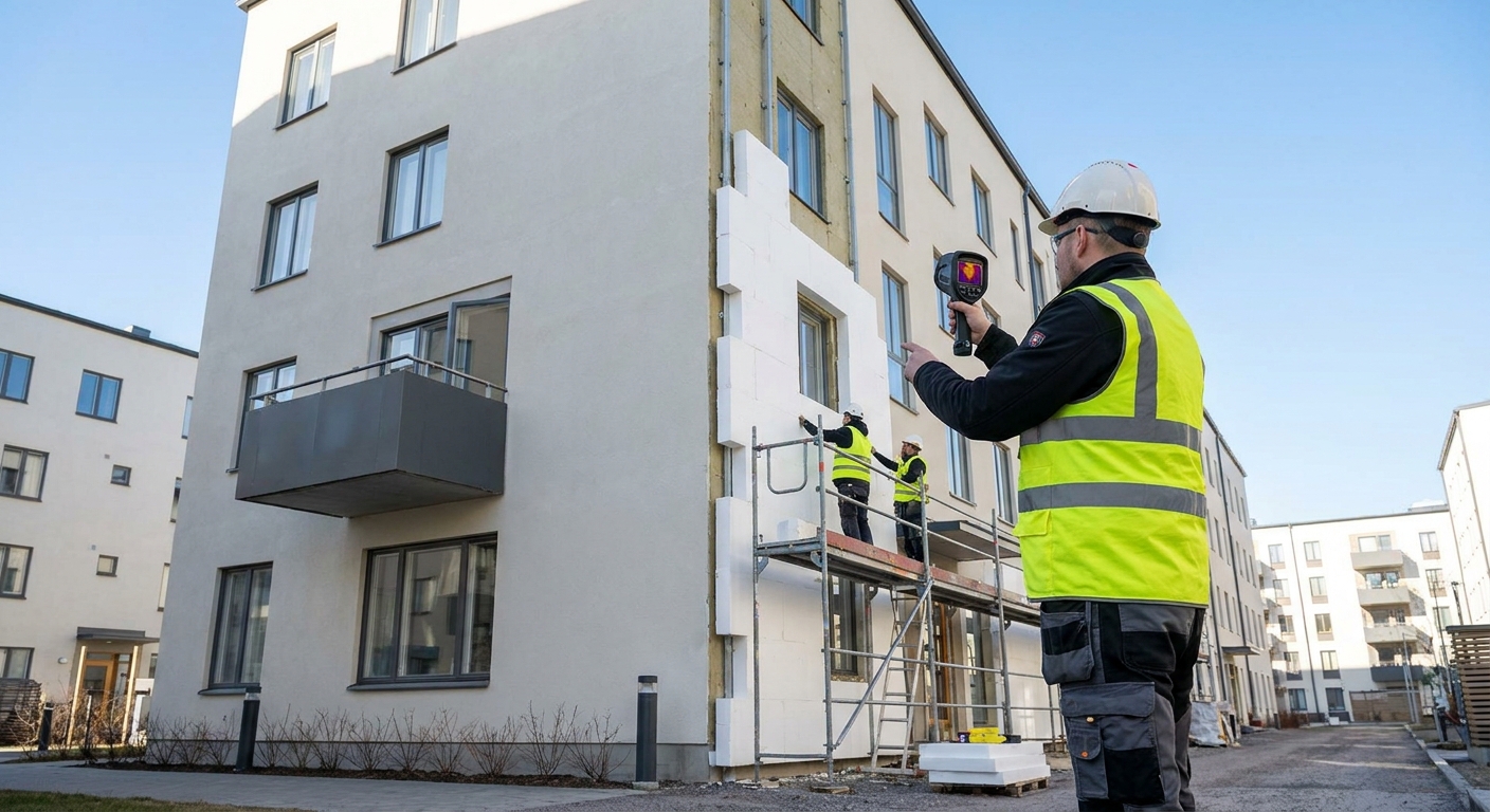 technician inspecting building facade installing SATE insulation