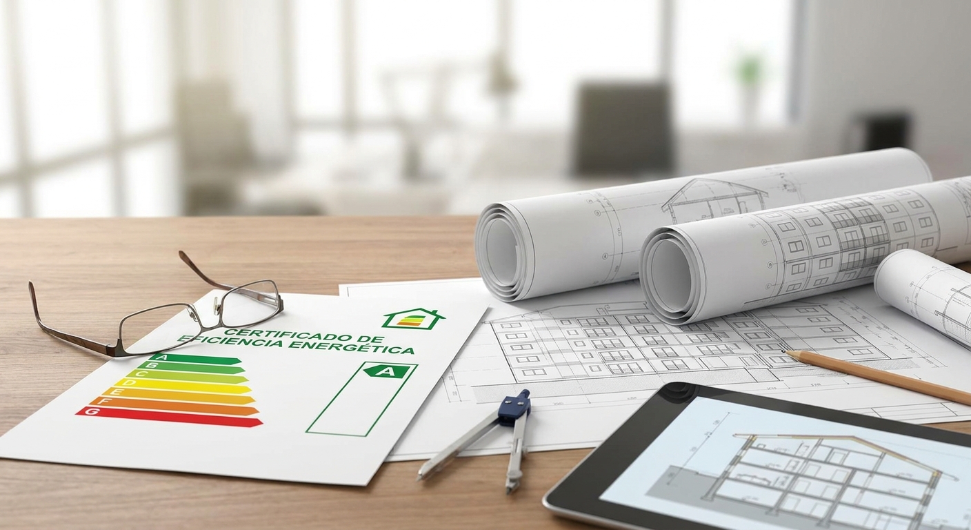 energy efficiency certificate with A rating document on a desk next to building blueprints