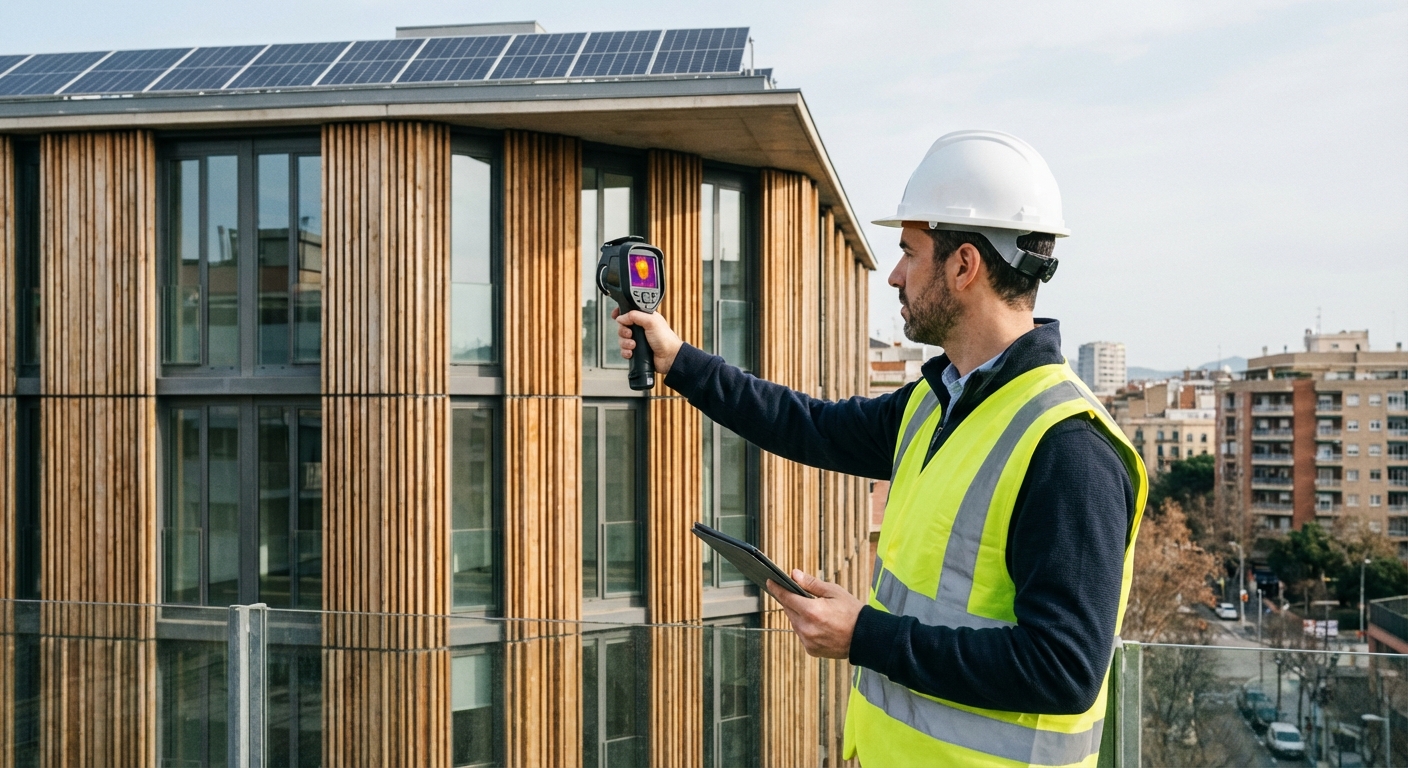 technician inspecting building facade