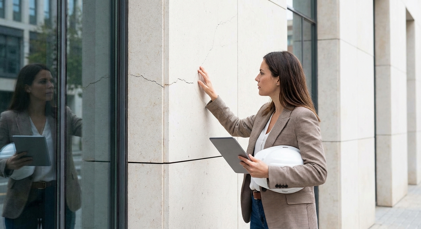 architect inspecting building facade cracks