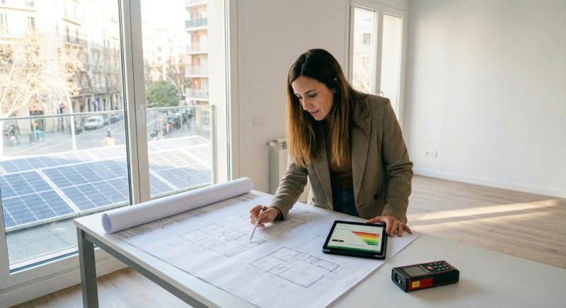 architect inspecting apartment blueprint