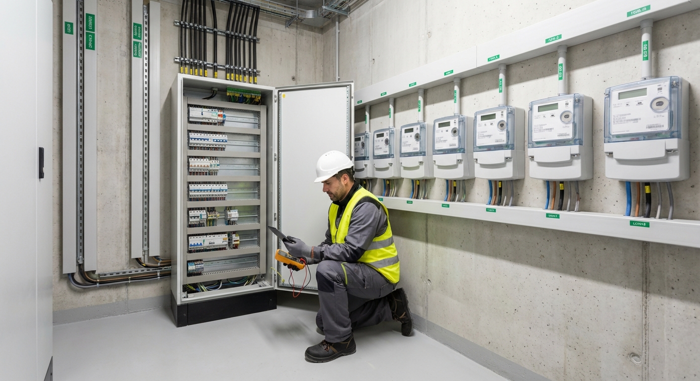 technician inspecting building utility meters and electrical panels