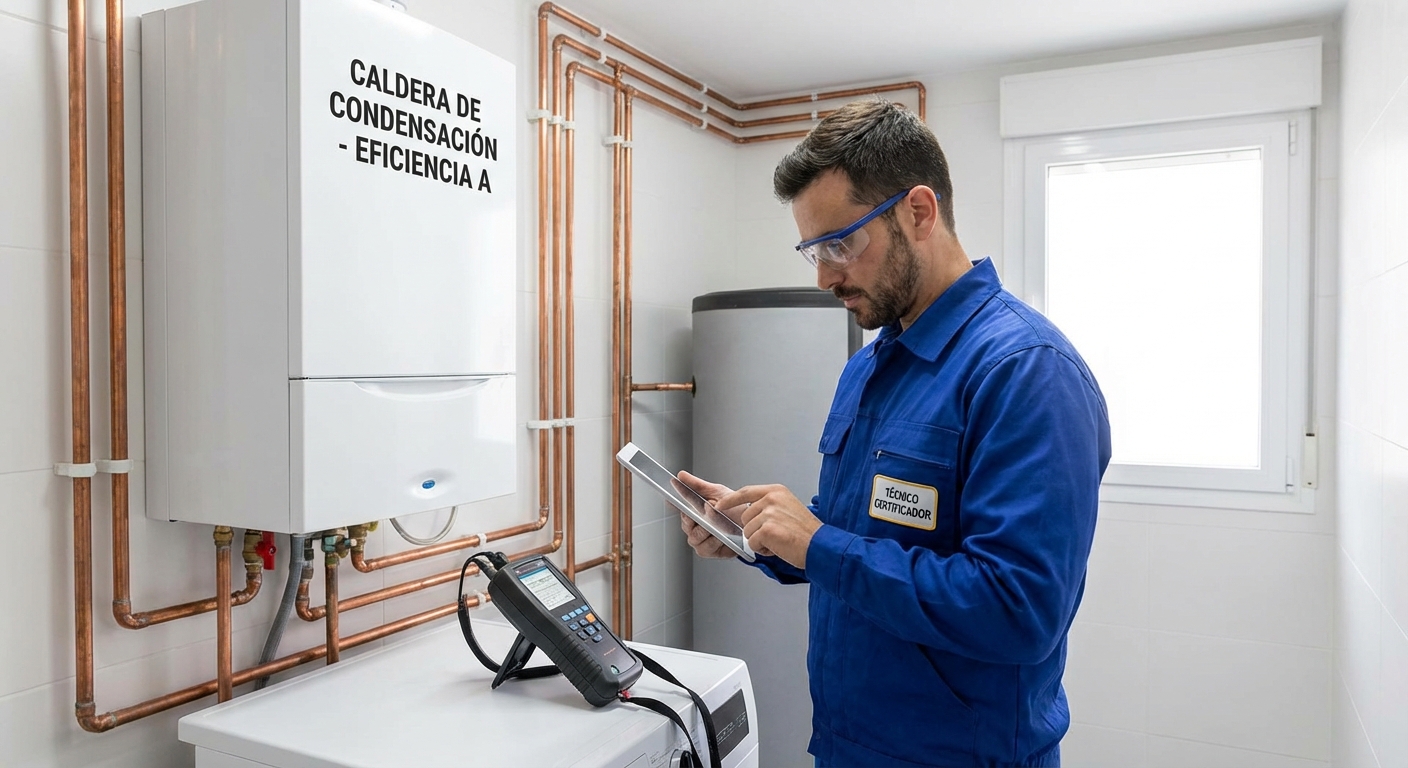 professional technician inspecting a modern boiler system in a residential building