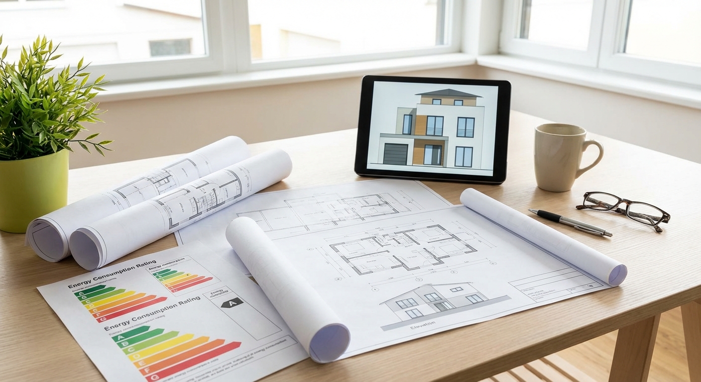 architectural blueprints and energy efficiency charts on a desk