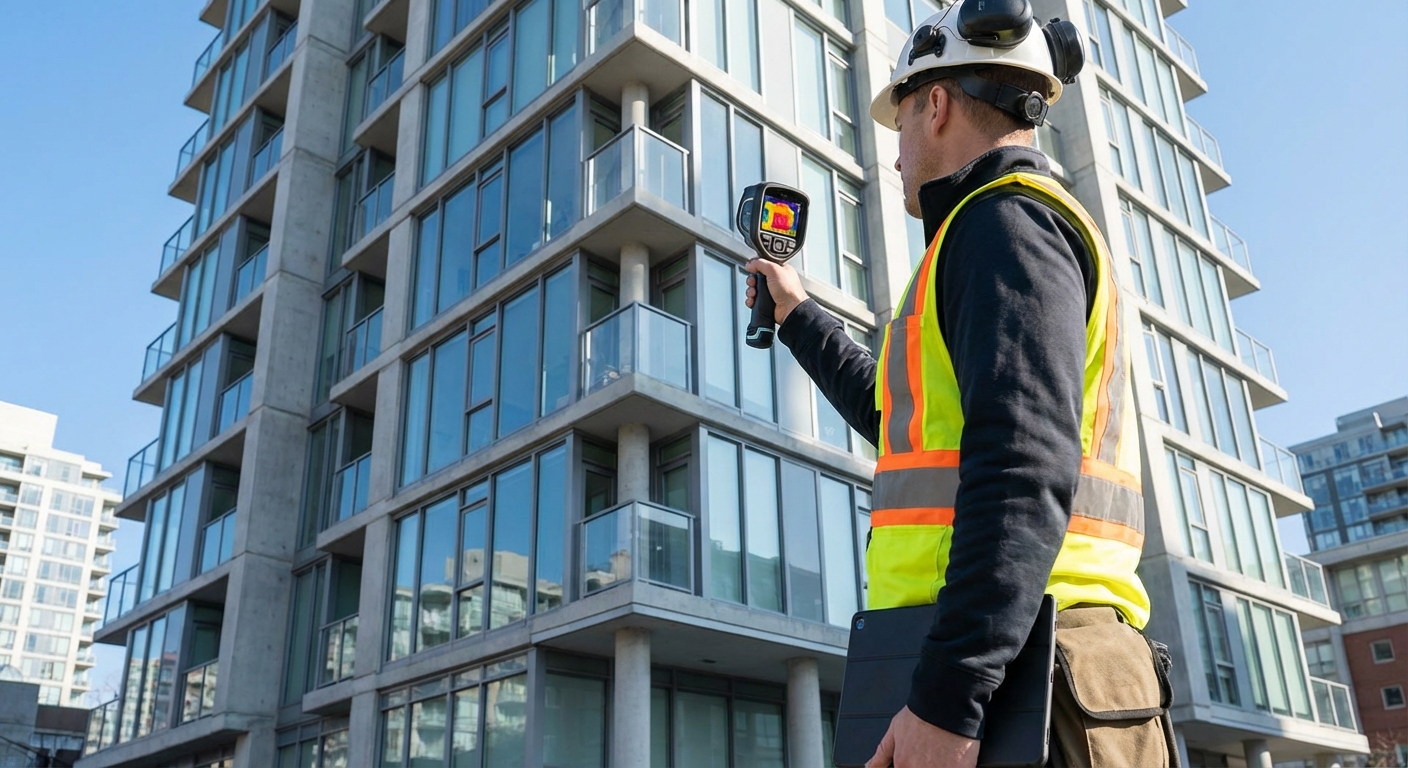 technician inspecting building facade with thermal camera