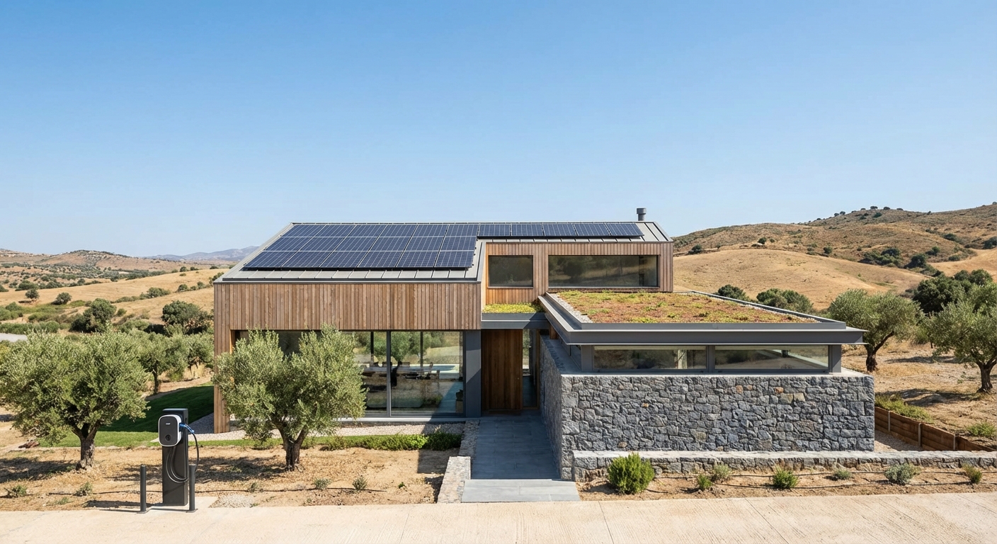 modern energy efficient house with solar panels