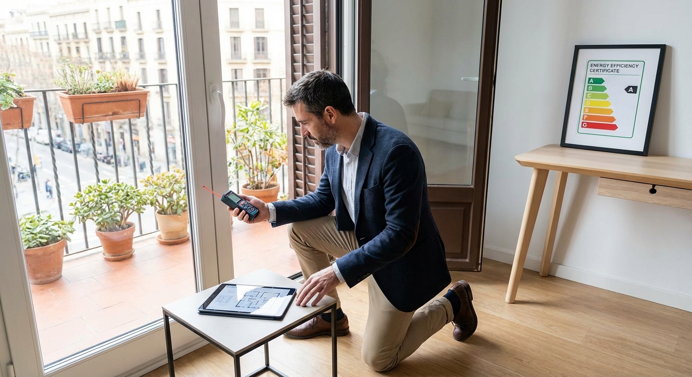 architect measuring apartment with laser distance meter