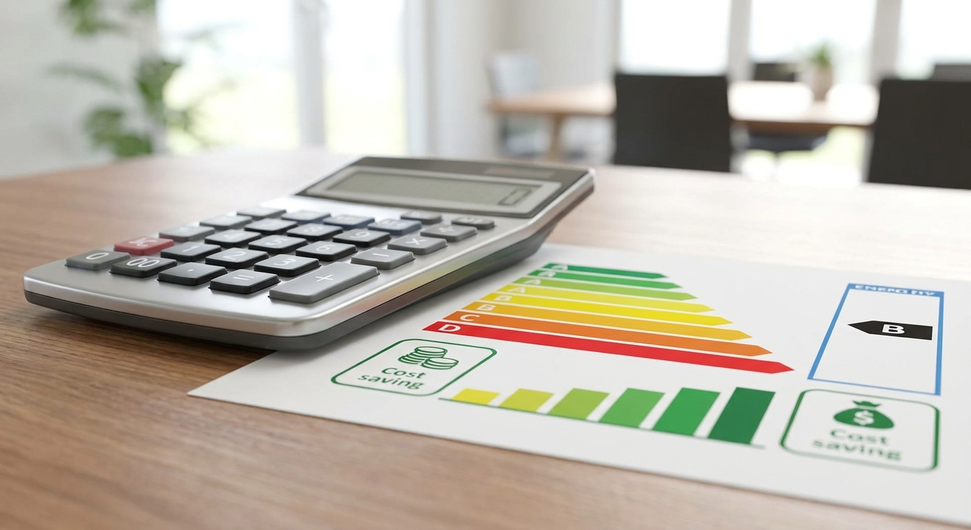 calculator and energy efficiency rating chart showing cost savings