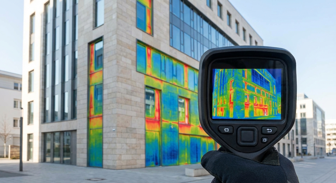 thermal imaging camera showing heat loss in a building facade