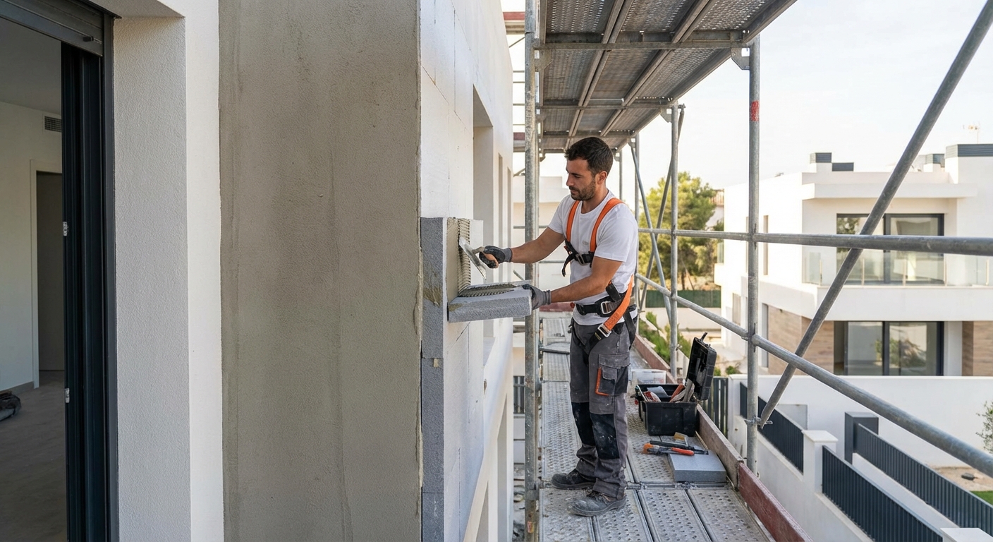 construction worker installing exterior thermal insulation SATE on a wall