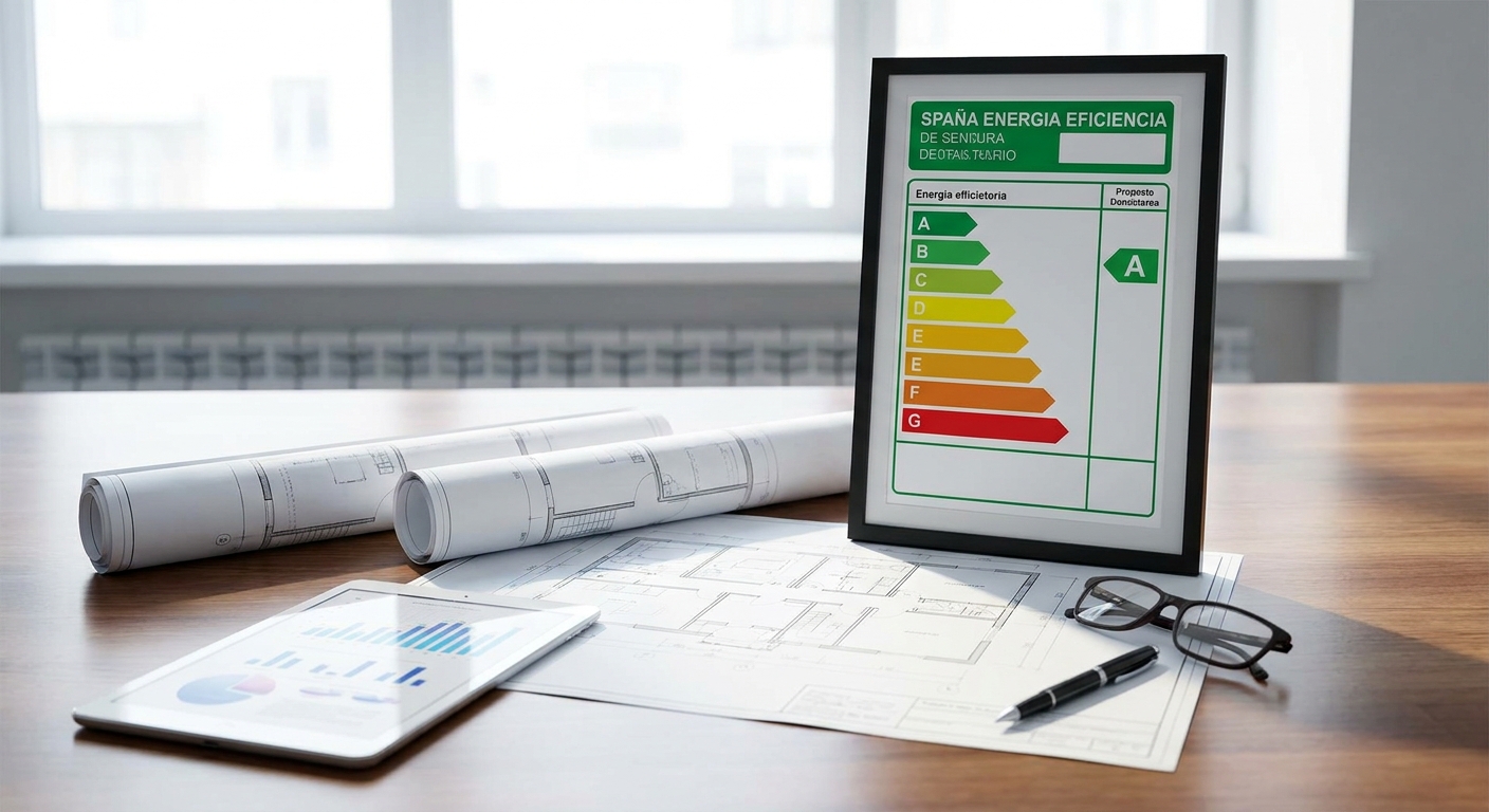 energy efficiency certificate with A rating next to house blueprints