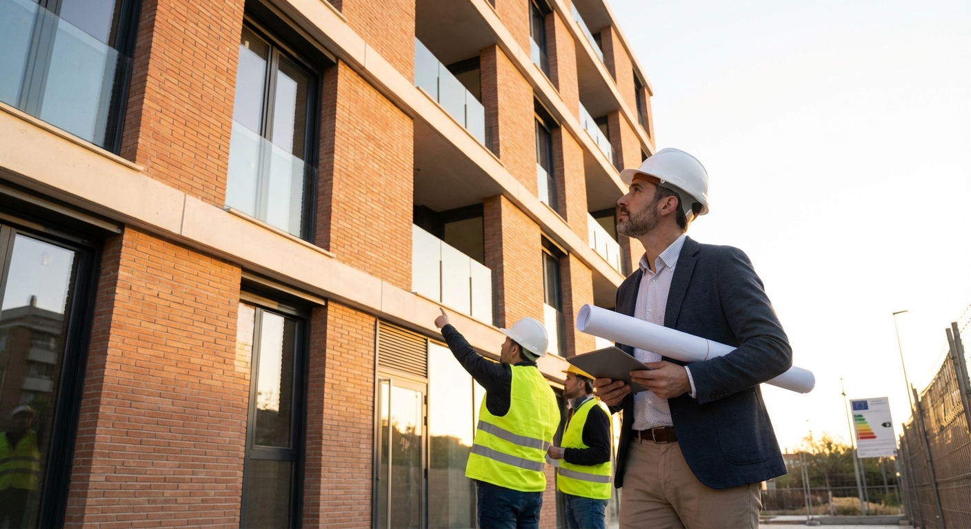 architect inspecting building facade with blueprints