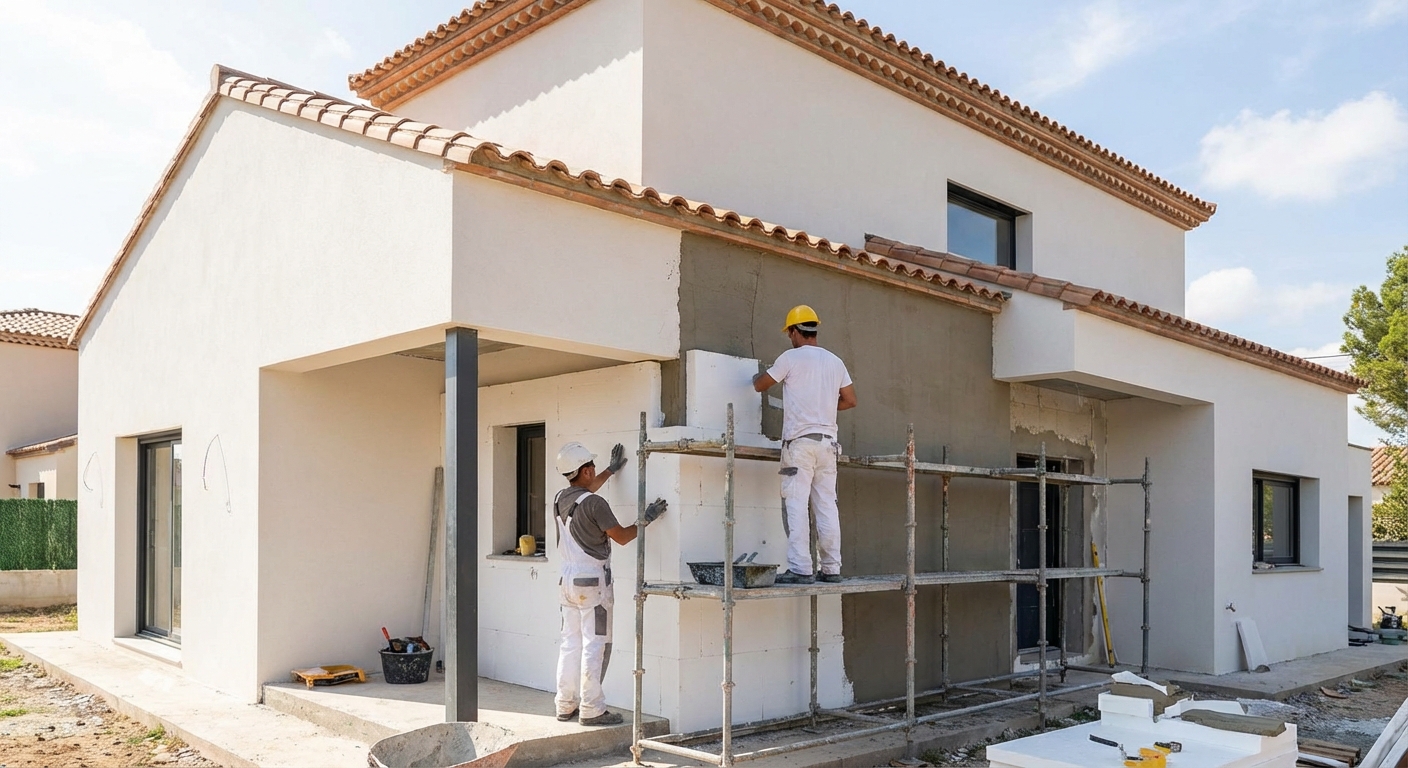 contractor installing external wall insulation SATE on a house