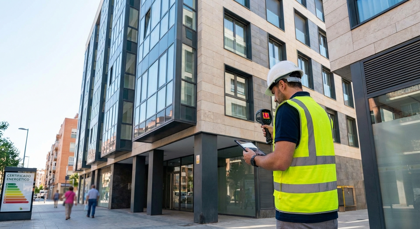 technician inspecting building facade