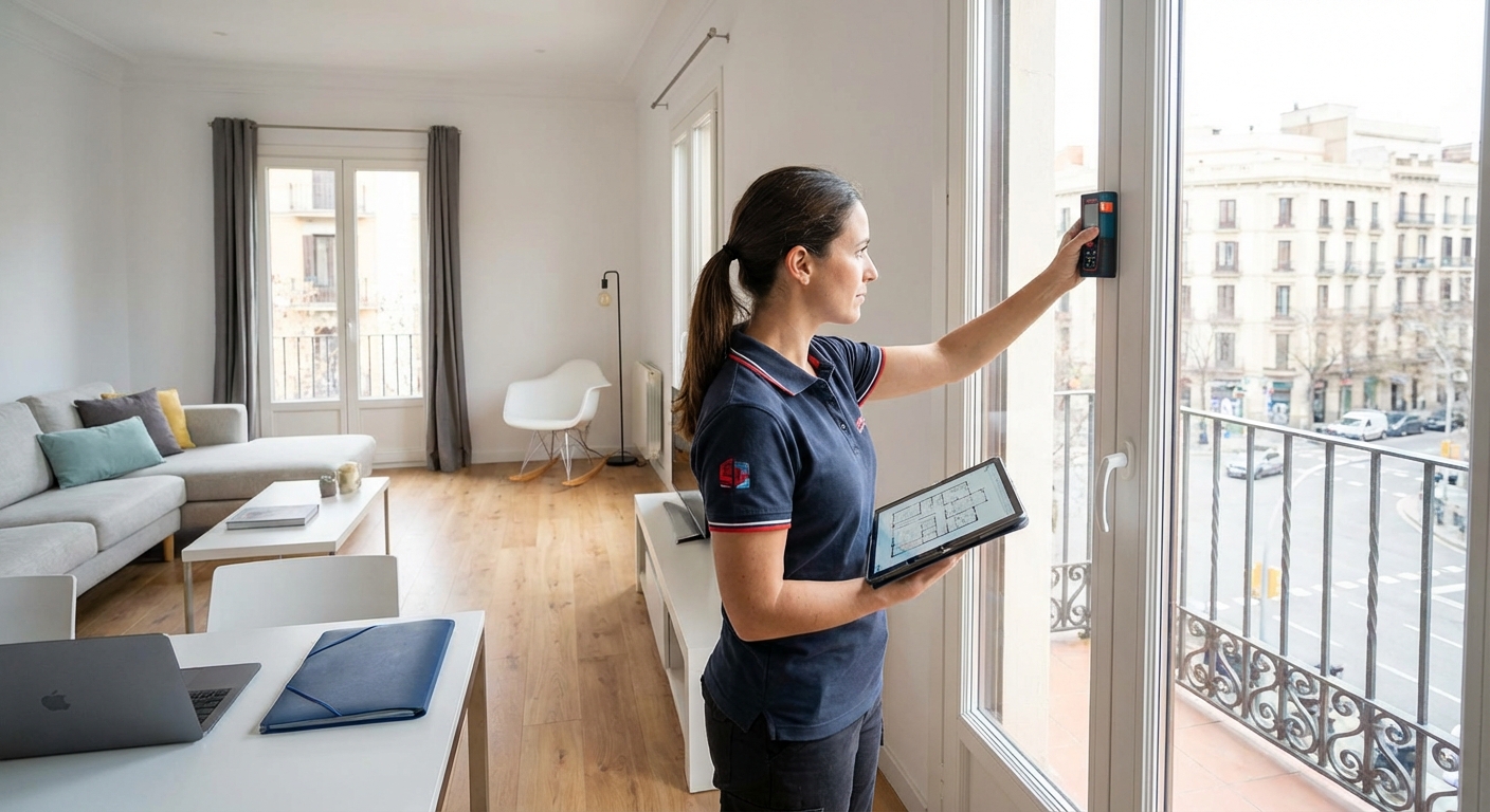 technician measuring window with laser distance meter inside a home