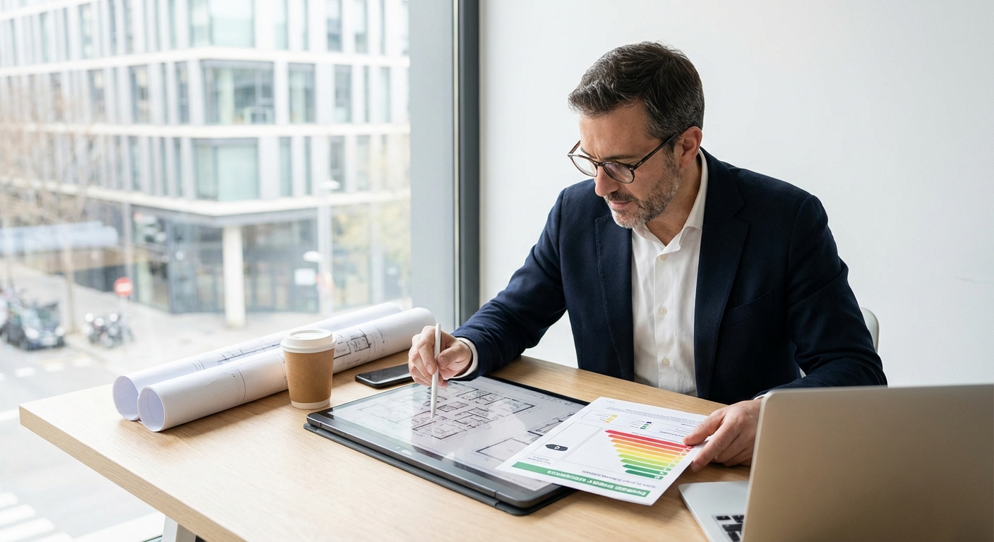 architect reviewing house plans and documents on a digital tablet