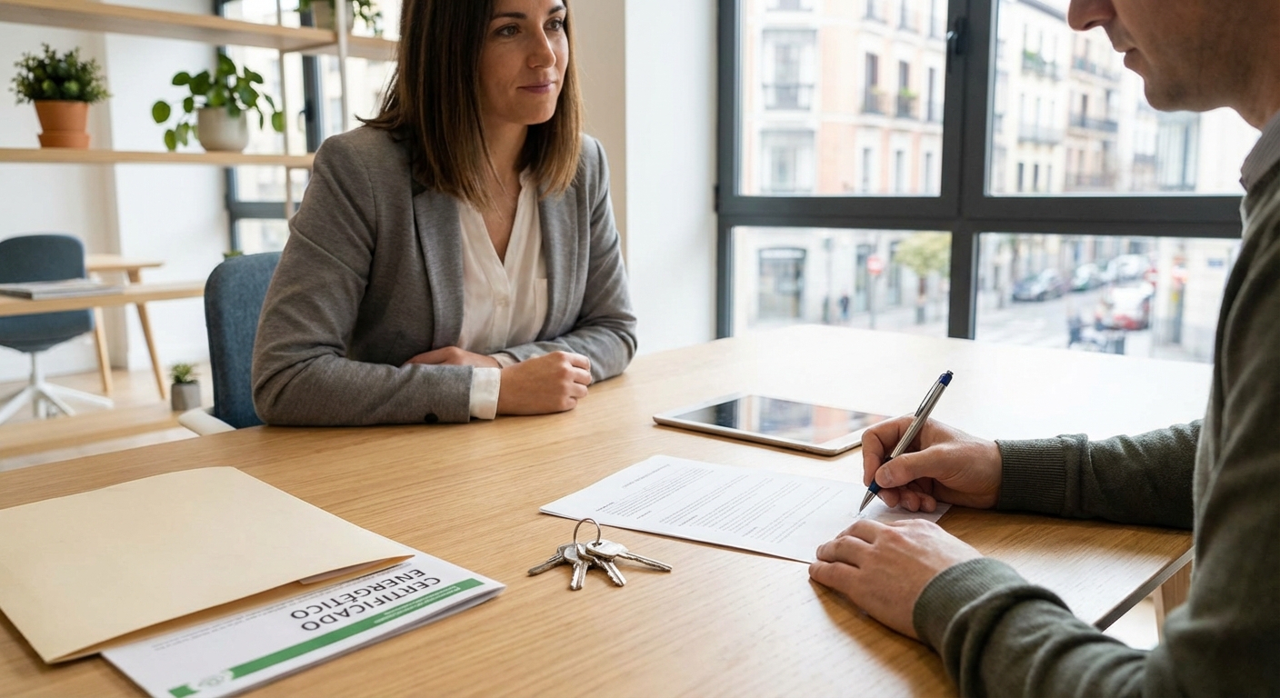 tenant signing a rental contract with keys and documents on the table